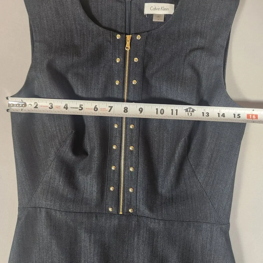 Calvin Klein Denim Sheath Dress Gold Zip Studded Size 6 Stretch - Picture 5 of 8